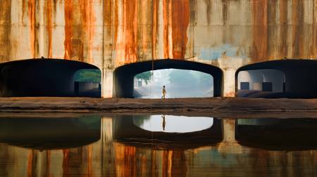 Ein Mann unter der Brücke. Fluss in Indien 2023
