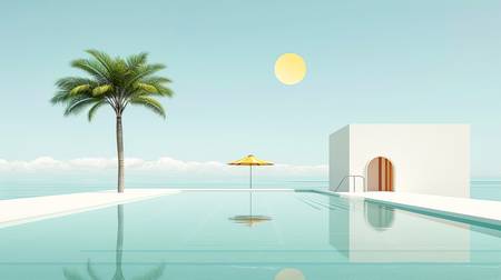 Ein Swimmingpool mit Sonnenschirm Palme und Strandhaus. Luxus am Meer 2024