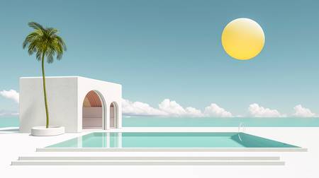 Ein weisses pool mit Strandhaus und Palmen. Sommertag am Strand. 2024