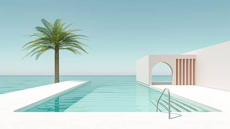 Ein weißes Swimmingpool mit Palme und Strandhaus. Sommertag am Meer  2024