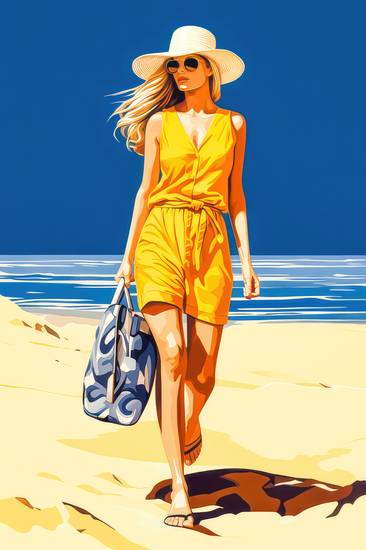 Eine Frau im Sommer-Outfit und Hut am Strand 2023