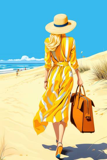 Eine Frau in Sommerkleid, Hut und mit einer Tasche geht durch ein Strand am Sonnigen Sommertag. 2023