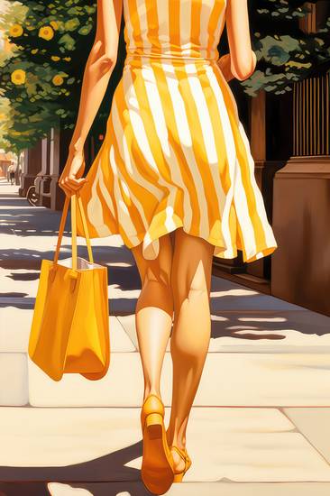 Eine Frau in Sommerkleid und Handtasche geht durch die Stadt an einem Sommertag. 2023