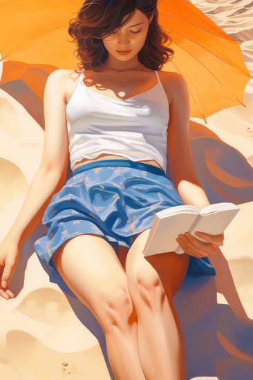 Eine Frau liegt am Sonnigen Tag am Strand im Sand und liest ein Buch.  2023