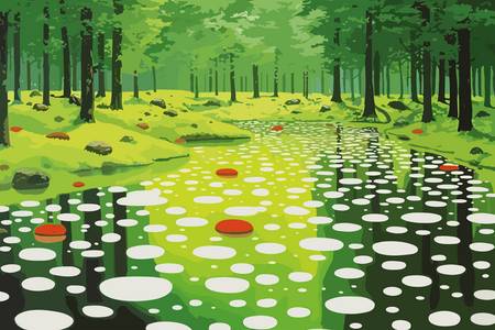 Fluss im Wald. Abstrakte Kreise und Formen, Wasserspiegeln. Traumhafter Wald 2023