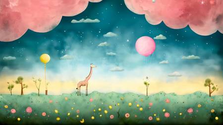 Giraffe auf dem Mond. Verträumte Landschaft mit Wolken, Blumen und Ballons  2023