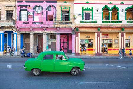 Green Oldtimer in Old Havana, Cuba. Street in Havanna, Kuba. 2020