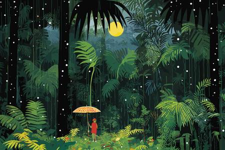 Mädchen mit Schirm im Wald beim Vollmond. Traumhafte Landschaft. Verträumtes Mädchen 2023