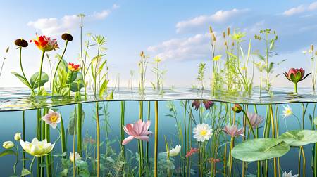 Pflanzen und Blumen, die im und über dem Wasser wachsen 2024