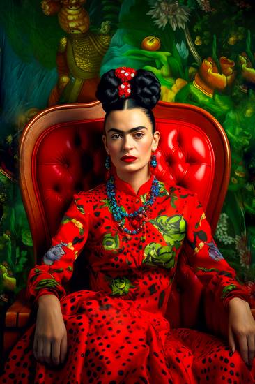  Porträt von Frida Kahlo in einem roten Kleid mit grünen Akzenten. 2023