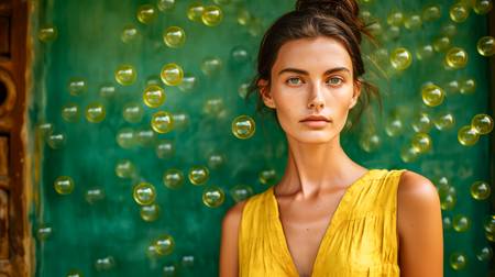 Portrait einer Frau in gelben Kleid und geben Seifenblasen auf grünen Hintergrund. 2023
