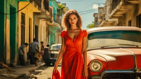 Portrait einer Frau in rot auf der Strassen von Havana, Cuba. 2023