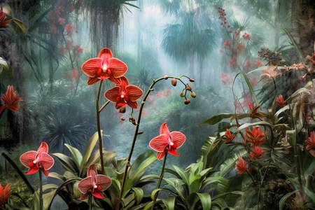 Rote Orchideen im Regenwald, Tropischer Regenwald, Blumen, Traumhafte Natur 2023