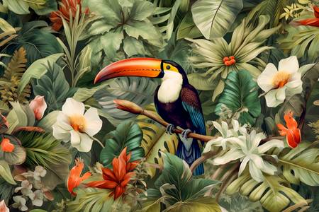 Tukan im Regenwald, Tropischer Regenwald, Tropische Pflanzen, exotische Blumen 2023