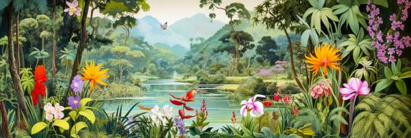 Tropische Blumen und Pflanzen umgeben einen ruhig fließenden Fluss, während majestätische Berge am H von Miro May