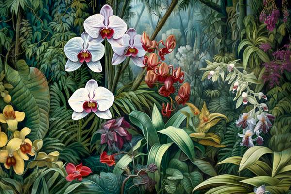 Weisse Orchideen im tropischen Regenwald. Landschaft mit Blumen, Natur, Floral von Miro May