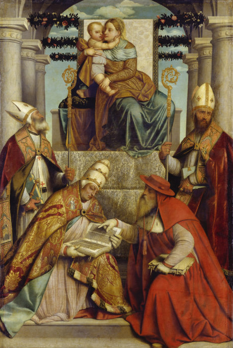 Thronende Madonna mit Kind und den vier lateinischen Kirchenvätern von Moretto da Brescia