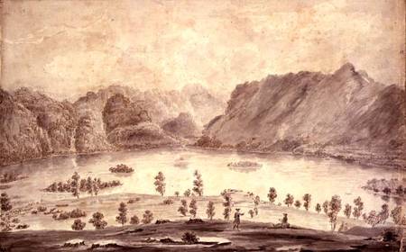 Panoramic View of Derwentwater and the Vale of Keswick, detail of the western side of Derwent Water von Moses Griffith