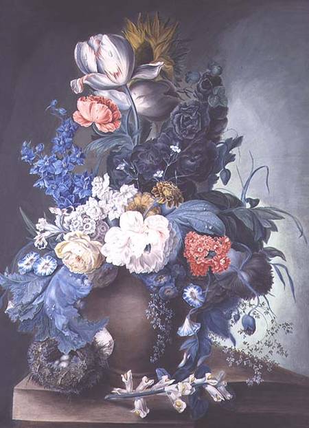 Group of Flowers in a Jar and Bird's Nest von Mrs.Margaret Meen