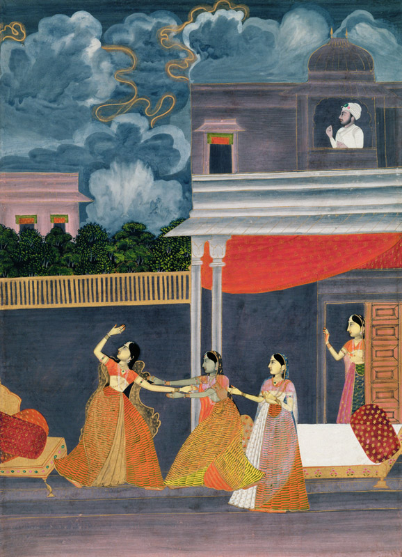 A lady brought in from a storm at night: illustration from the musical mode Madhu Madhavi von Mughal School