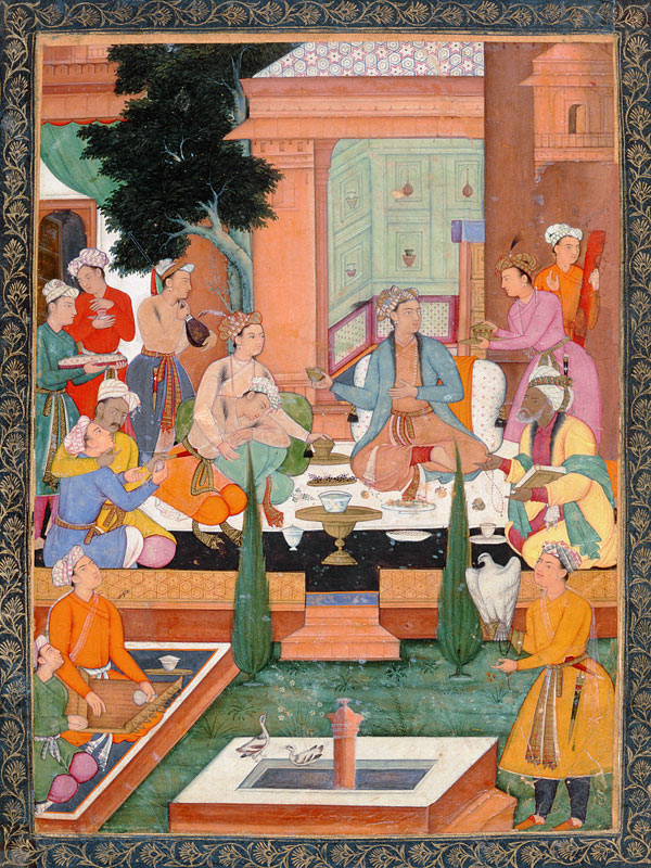 A prince and companions take refreshments and listen to music, from the Small Clive Album von Mughal School