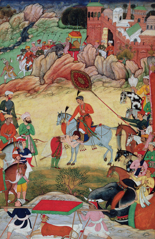 Adham Khan paying homage to Akbar at Sarangpur, Central India, in 1560 or 1561, from the 'Akbarnama' von Mughal School