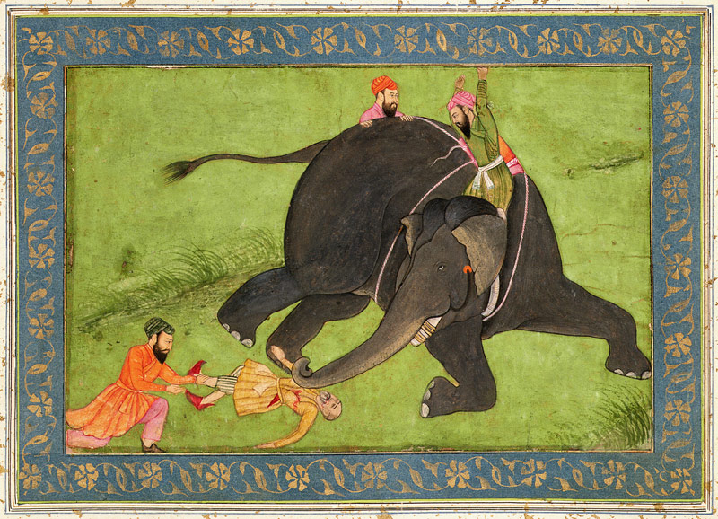 Attendants rescue a fallen man from an enraged elephant, from the Large Clive Album von Mughal School