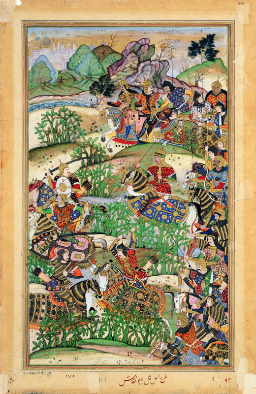 Emperor Akbar (r.1556-1605) at the battle of Samal in 1572, from the 'Akbarnama' made by Abu'l Fazi von Mughal School