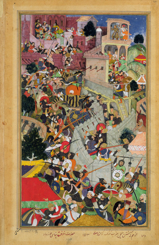 Emperor Akbar (r.1556-1605) shoots Saimal at the Siege of Chitov in 1567, from the 'Akbarnama' made von Mughal School