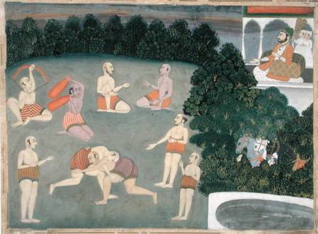 Athletes perform before a seated noble von Mughal School