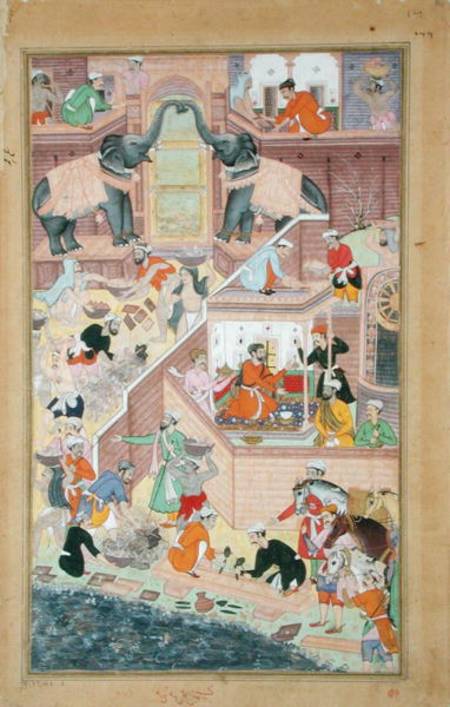 Emperor Akbar (r.1556-1605) inspecting the building work at Fatepur Sikri, from the 'Akbarnama' made von Mughal School