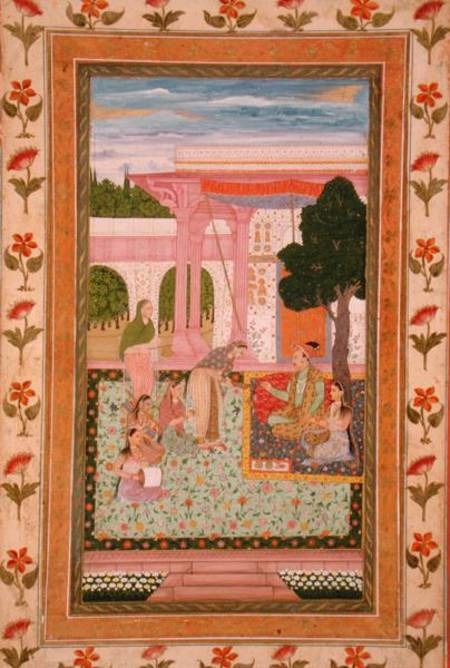 Emperor Jahangir (1569-1627) with his consort and attendants in a garden, from the Small Clive Album von Mughal School