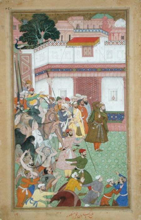 Fatepur Sikiri, 1573: Hasain Quli Khan-l Jahan presenting his prisoners to Emperor Akbar (r.1556-160 von Mughal School
