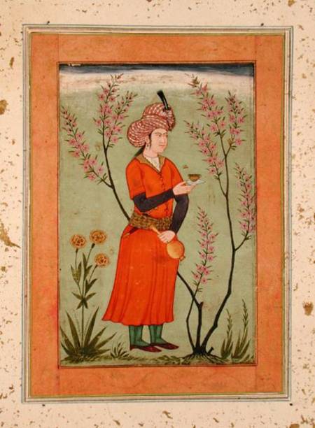 Iranian princely figure holding a cup and flask, from the Large Clive Album von Mughal School