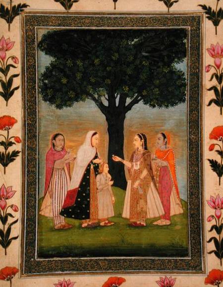 Four Ladies meet by a Tree, from the Small Clive Album von Mughal School