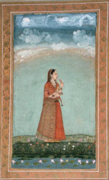 Lady holding a bowl of rose flowers, from the Small Clive Album von Mughal School