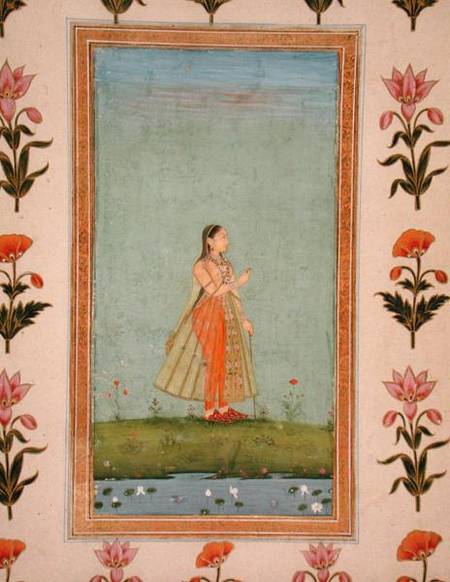 Lady holding a flower, standing by a lily pond, from the Small Clive Album von Mughal School