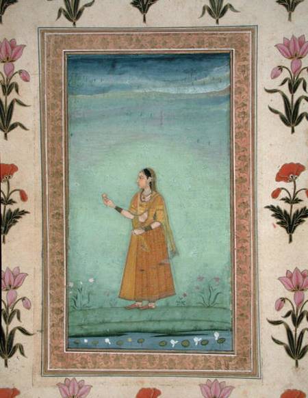 Lady holding fruit, standing by a lily pond, from the Small Clive Album von Mughal School