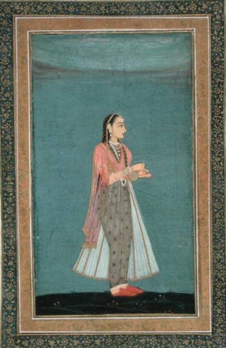 Lady holding a wine flask and cup, from the Large Clive Album  on von Mughal School