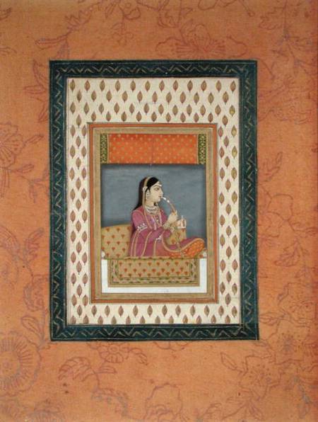 A lady smoking a hookah and holding a perfume flask von Mughal School