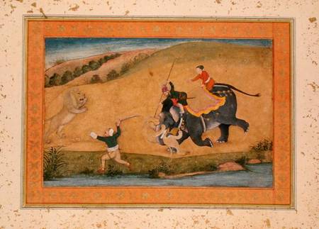 Three men lion hunting, from the Large Clive Album von Mughal School