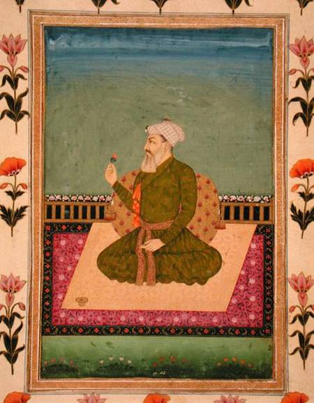 A ruler seated on a carpet or terrace, holding a flower, from the Small Clive Album von Mughal School