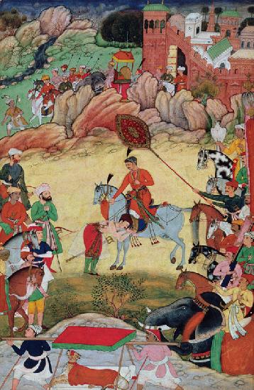 Adham Khan paying homage to Akbar at Sarangpur, Central India, in 1560 or 1561, from the 'Akbarnama' 1590-98