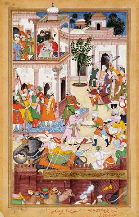 The brothers Ali Auli Khan Zaman & Gadhadur Khan at Karah, paying homage to Akbar and rendering boot 1590-98