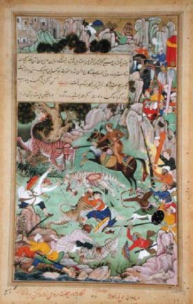 Akbar tiger hunting near Nawar, Gwalior in 1561 1590-98