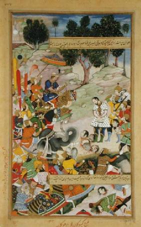 The rebel Bahadur Khan (d.1601) as a prisoner in the presence of Akbar (r.1556-1605) in 1567, from t 1590-98