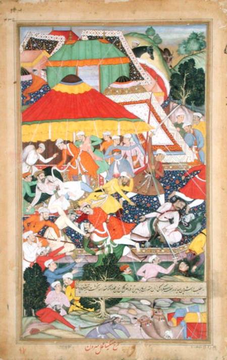 The Wounding of Kilan Khan by a Rajiput during his march to Gujerat in 1573, from the 'Akbarnama' ma von Mughal School