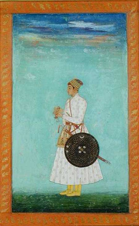 A young nobleman of the Mughal court holding a sealed brocade envelope,  from the Large Clive Album von Mughal School