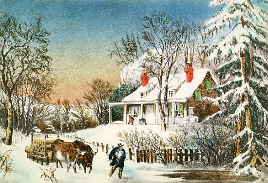 Bringing Home the Logs, Winter Landscape, 19th century von N. Currier