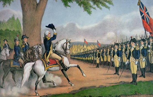 George Washington (1732-99) taking command of the American Army at Cambridge, Massachusetts, 3 July von N. Currier
